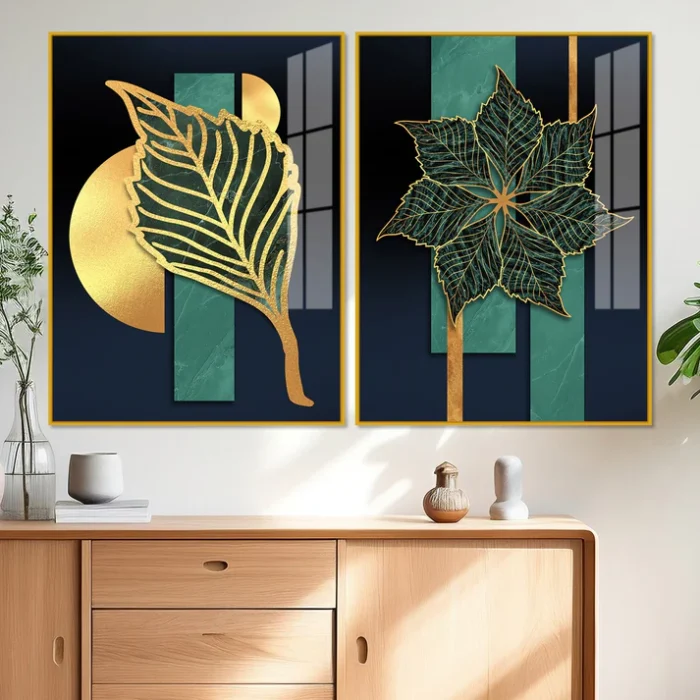 Golden Line Leaves Wall Painting