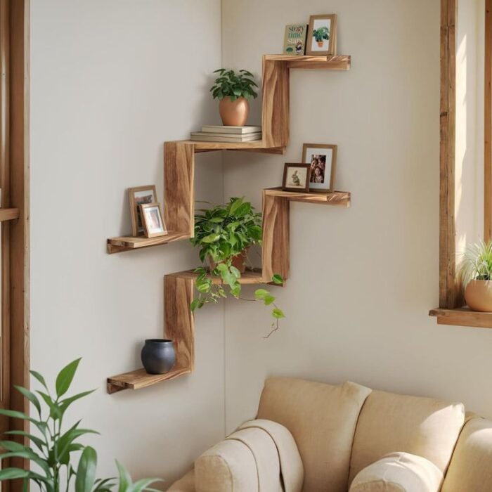 Rustic Zigzag Corner Wall Shelf – Natural Wood Finish