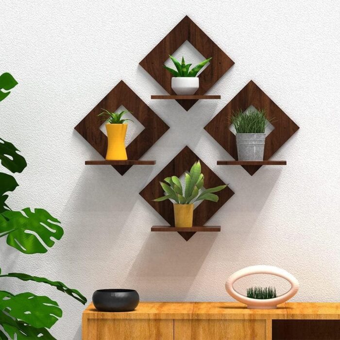Diamond Wall Mount Display Shelf Set – Dark Walnut Finish (Set of 4)